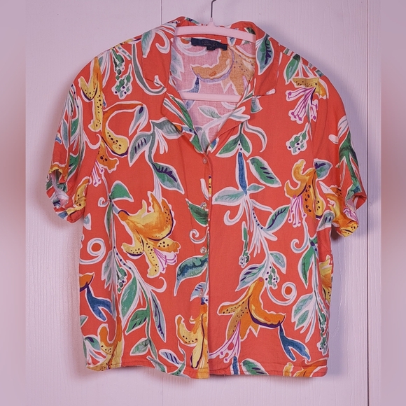 Rachel Roy Colorful Linen Blend Cropped Button Front Blouse Size Medium Tropical - Picture 2 of 10